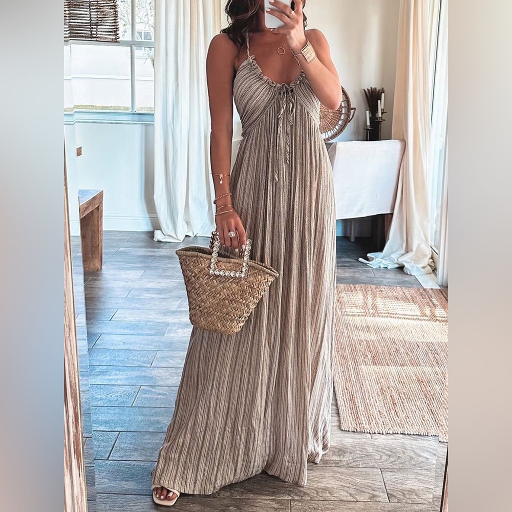 Commense Striped Maxi Dress - Beige and White